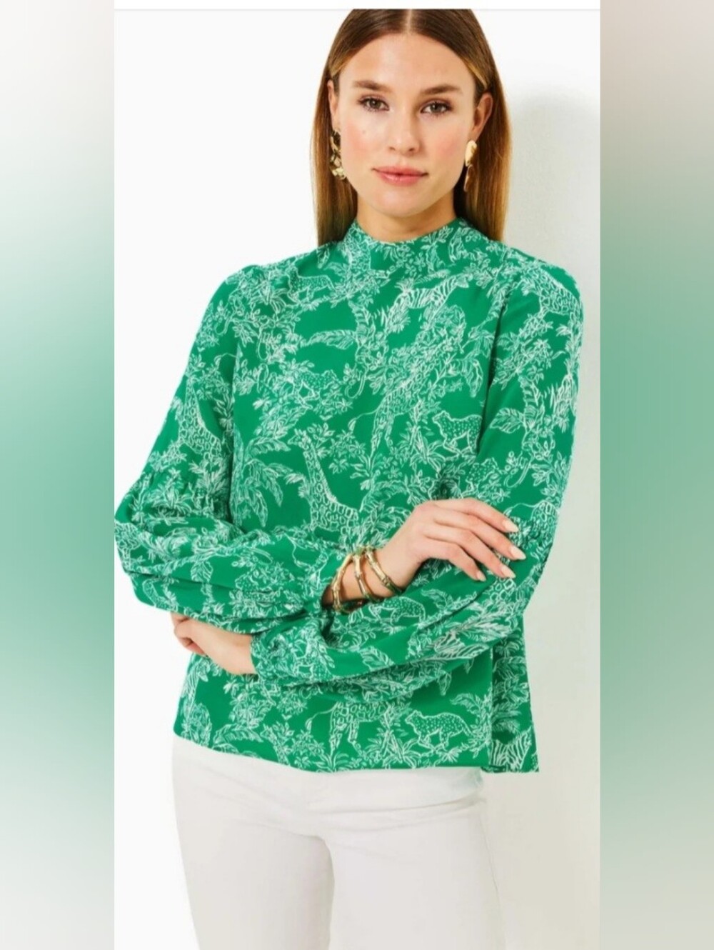 Lilly Pulitzer Whitaker Silk Top Fiddle Leaf Green Safari Party NWT XXS